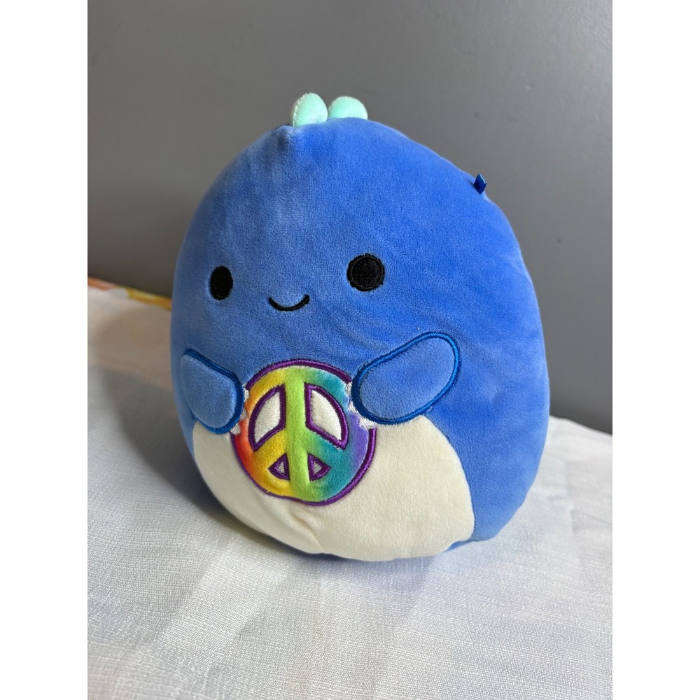 Squishmallow Arlie the Dinosaur Blue Peace Sign Rainbow Plush 8 inch Kellytoy